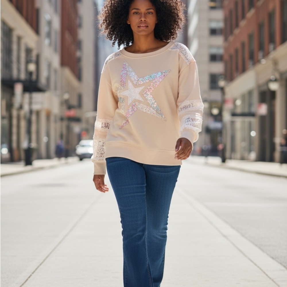 White Birch cream sequin star sweatshirt L cozy sparkle pullover